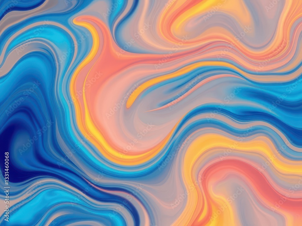 Fototapeta premium Abstract Fluid Art Painting in Blue Orange and Peach Tones