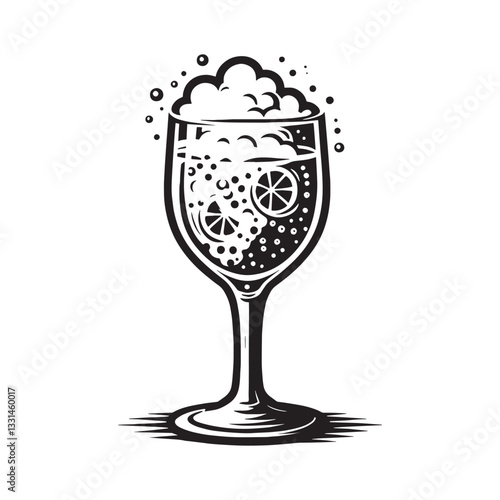 Monochrome drink with citrus slices and bubbles illustration in a glass