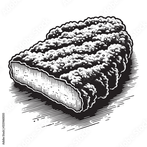 Monochrome detailed illustration of breaded cutlet with intricate textures, isolated on white