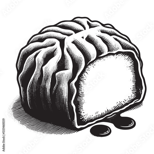 Monochrome dumpling sketch with detailed texture and dim sum food concept