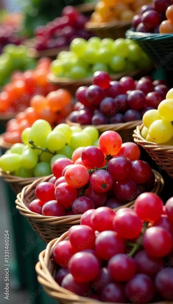 Fresh red and green grapes neatly arranged in baskets on a market stall, agriculture, fresh, market Fresh red and green grapes neatly arranged in baskets on a market stall, agriculture, fresh, market