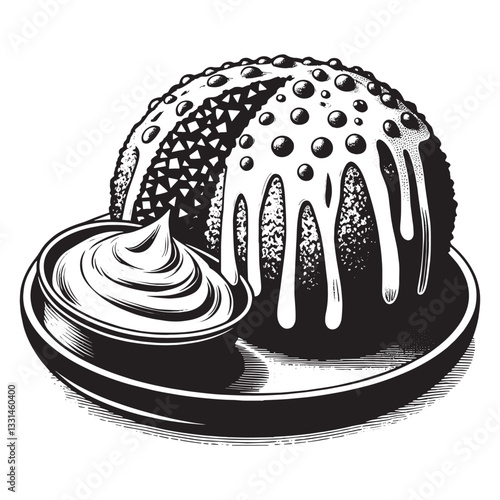 Monochrome falafel sketch with tahini drizzle, engraved culinary art piece