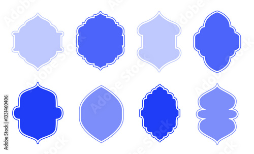 Set of beautiful Moroccan windows. Vector illustration of Arabic shapes. Blue Islamic Badges