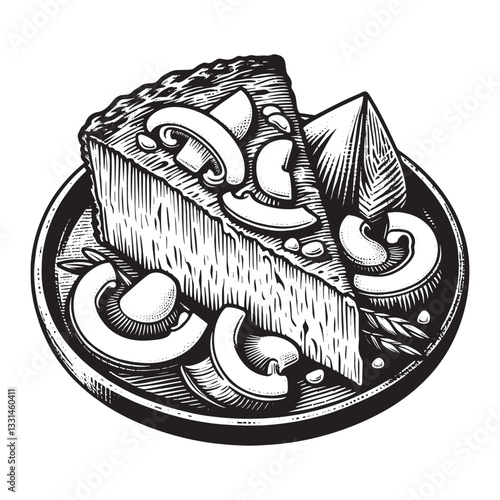 Monochrome Illustration of Mushroom Quiche Slice with Intricate Woodcut Texture