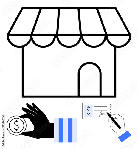Shopfront with awning, hand holding coin, and signing receipt symbolizing commerce, payment, and transactions. Ideal for retail, finance, sales, accounting business growth entrepreneurship flat