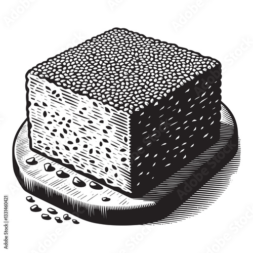 Monochrome illustration of sesame halva with woodcut textures and clean lines