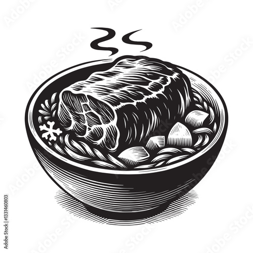 Monochrome minimalist stew illustration of hearty beef goulash bowl dish
