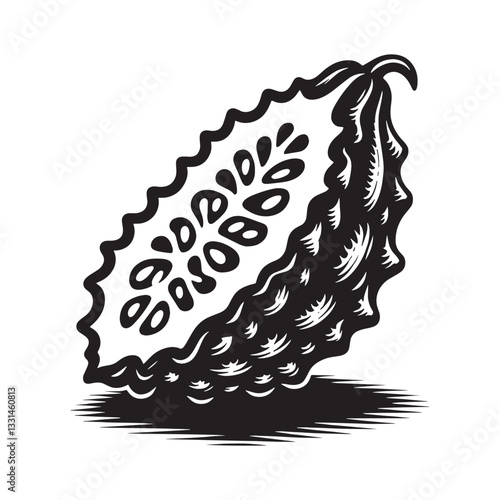 Monochrome minimalistic woodcut style drawing of sliced bitter melon vegetable