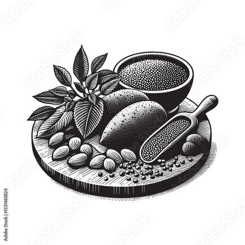 Monochrome minimalist woodcut style illustration of a chia fresca presentation