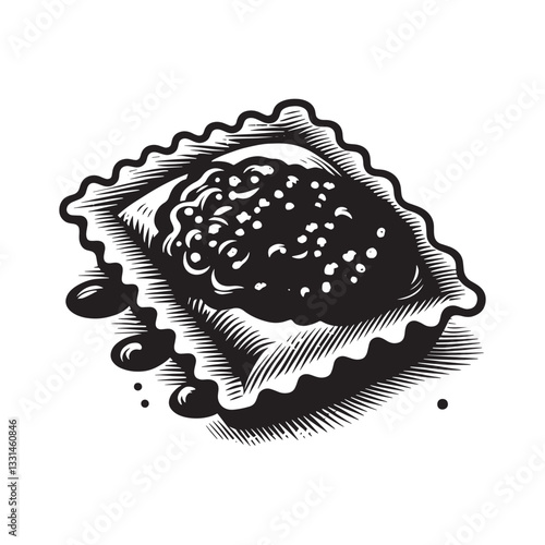 Monochrome ravioli illustration with detailed filling in a woodcut style