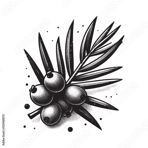Monochrome sea buckthorn twig illustration with berries and leaves in woodcut style