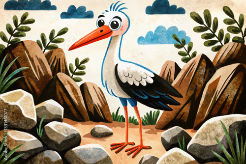 stork in beautiful forest with stones abstract cartoon