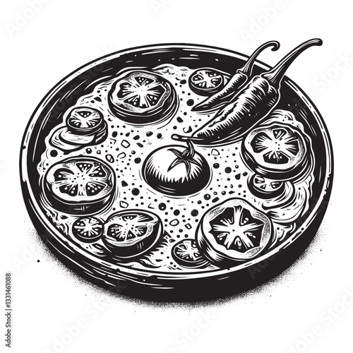 Monochrome shakshuka illustration with tomatoes and peppers artful dish presentation