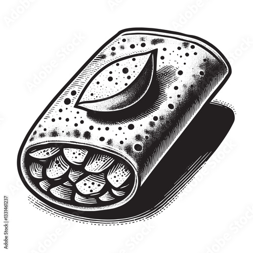 Monochrome vector illustration of a traditional masala dosa with potato filling