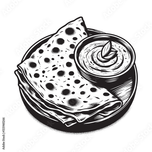 Monochrome woodcut drawing depicting Roti and Curry in a clean minimalist style