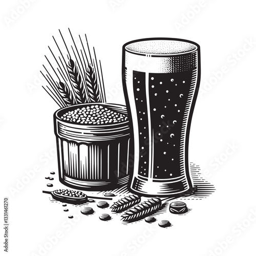 Monochrome Woodcut Illustration Featuring a Beer Glass and Grain Components