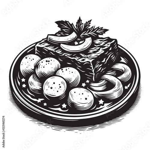 Monochrome woodcut illustration depicting a plate of goulash with potatoes