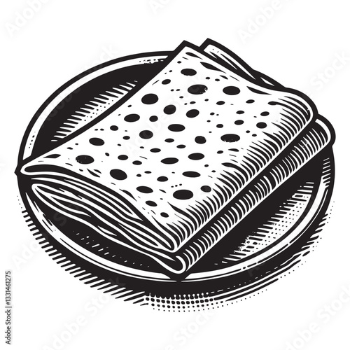 Monochrome woodcut drawing showcasing stack of fresh lavash flatbread, simple aesthetic