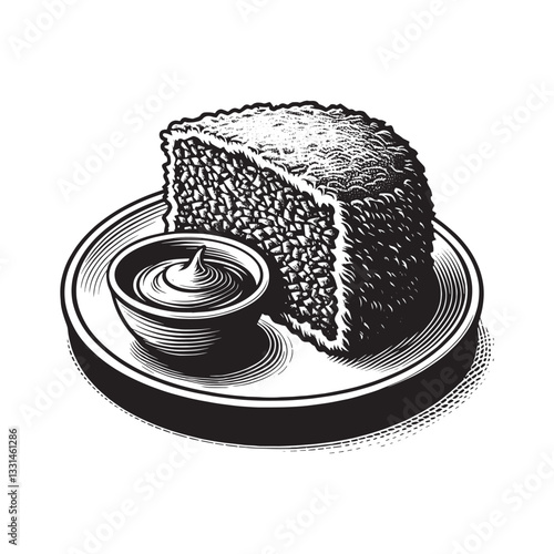 Monochrome Woodcut Haggis Portion with Creamy Sauce on White Background