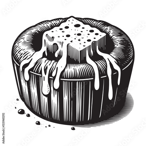 Monochrome woodcut illustration featuring a mushroom overflowing with cheesy filling