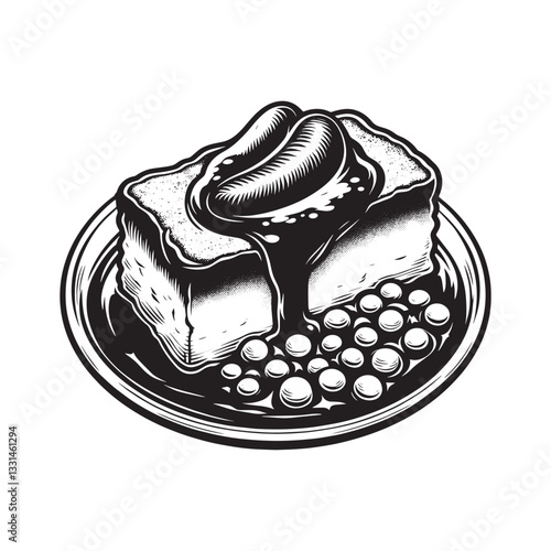 Monochrome woodcut illustration featuring traditional bangers and mash dish