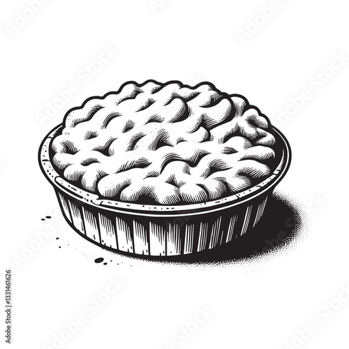 Monochrome woodcut illustration of a Shepard,s Pie topping with mashed potato