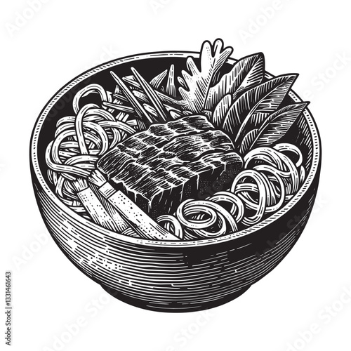 Monochrome woodcut illustration of Bibimbap bowl with marinated beef and vegetables