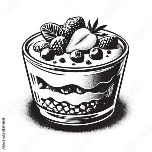 Monochrome woodcut illustration of a yogurt parfait with mixed berries topping