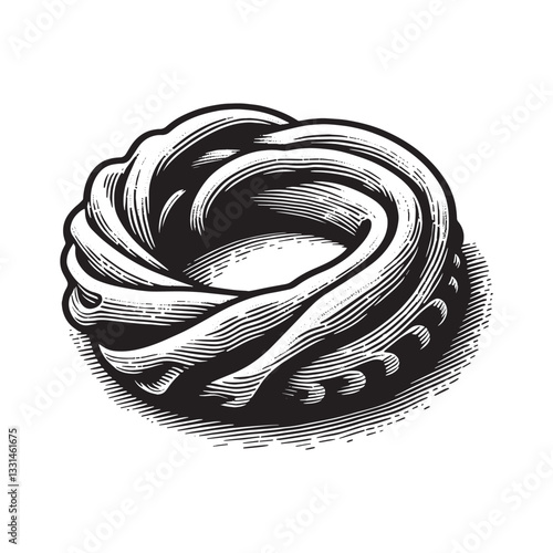 Monochrome Woodcut Illustration of Calamari Rings with Detailed Textural Lines