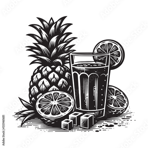 Monochrome woodcut illustration of pineapple juice and fruit arrangement