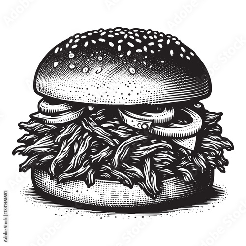 Monochrome woodcut illustration of pulled pork BBQ slider with onion rings
