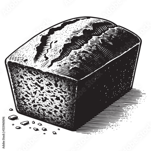 Monochrome woodcut illustration of freshly baked loaf of zucchini bread still warm