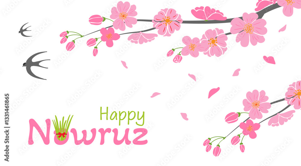 Obraz premium Nowruz illustration with pink cherry blossoms, swallows, and festive text. for Nowruz cards, banners, posters, and seasonal digital designs.