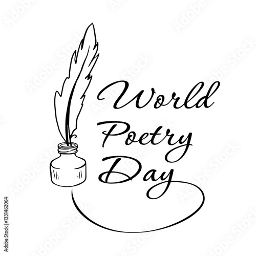 "World Poetry Day" illustration featuring a quill in an ink bottle with graceful calligraphy. Ideal for greeting cards, posters, and cultural event designs.