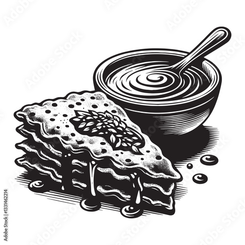 pakora with chutney in minimalist clean woodcut drawing, 3538