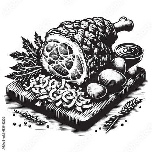 pork knuckle with sauerkraut and potatoes in minimalist clean woodcut drawing, 3899