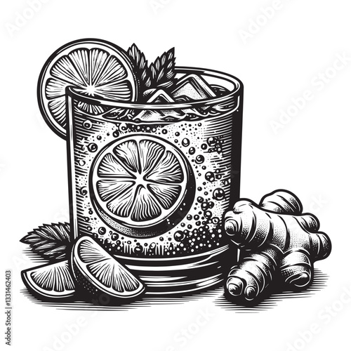 Refreshing ginger mule illustration with lime slices and ginger root accent