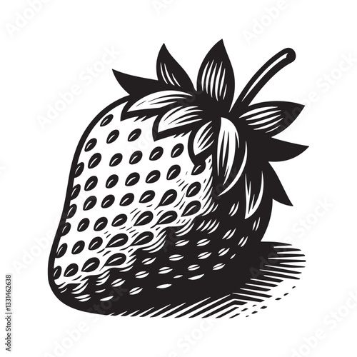 Strawberry fruit in minimalist clean woodcut drawing, 4601