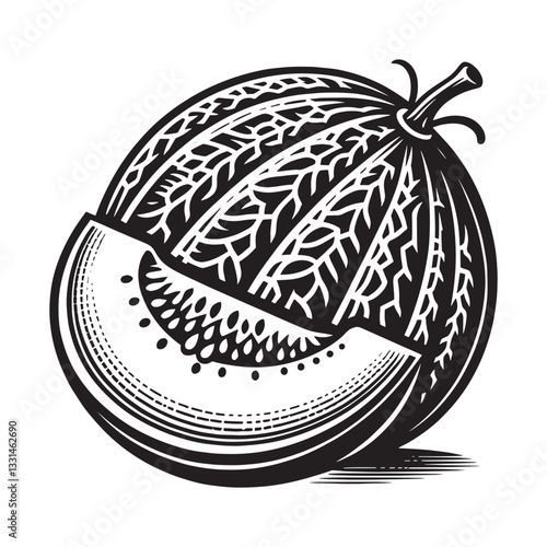 Striking monochrome minimalist illustration of a sliced cantaloupe melon design