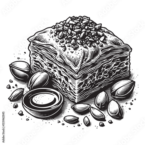 Stylized baklava dessert illustration with pistachios and honey syrup detail
