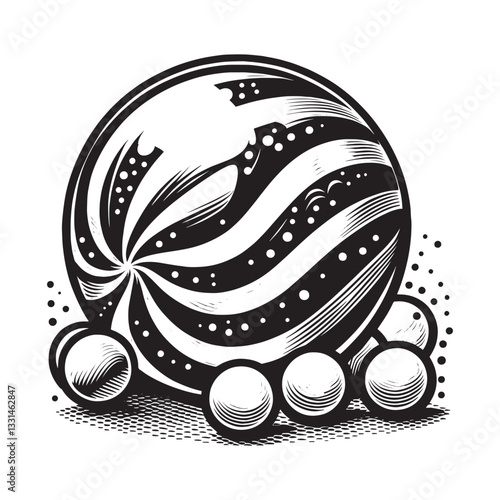 Stylized black and white illustration of bubblegum candies with a woodcut aesthetic