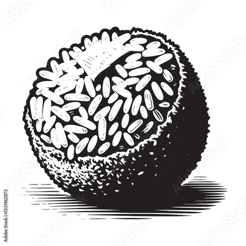 Stylized black and white woodcut illustration of arancini with rice and cheese