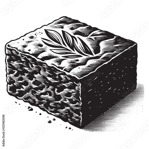Stylized chocolate brownie square with leafy garnish, crosshatch texture, dessert illustration