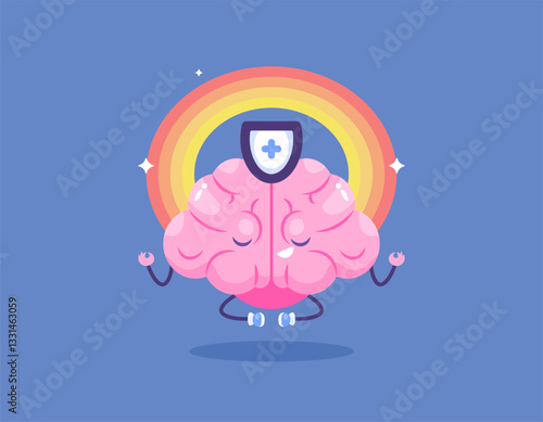 concept of relaxation, refreshing and calming the mind. stabilizing emotions. mental health and mind. illustration of a meditating brain character. rainbow. sports and exercise. flat style design