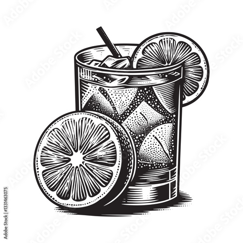Stylized Collins cocktail art with citrus fruit slices in woodcut illustration