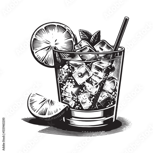 Stylized mojito illustration featuring fresh lime and crushed ice in a glass