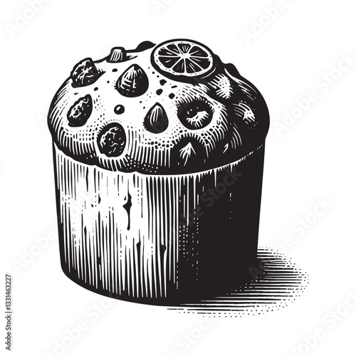Stylized monochrome drawing of panettone adorned with candied fruit elements