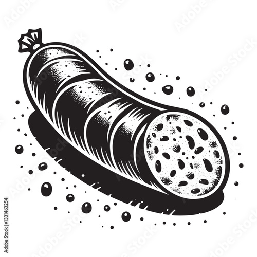 Stylized monochrome drawing of a sliced sausage with a glaze finish