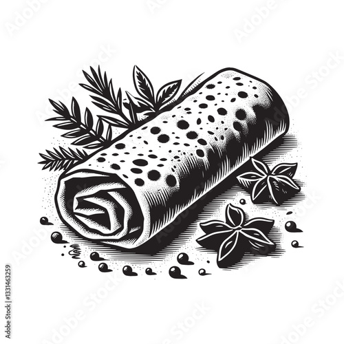 Stylized monochromatic illustration of lavash wrap with herbs and spices