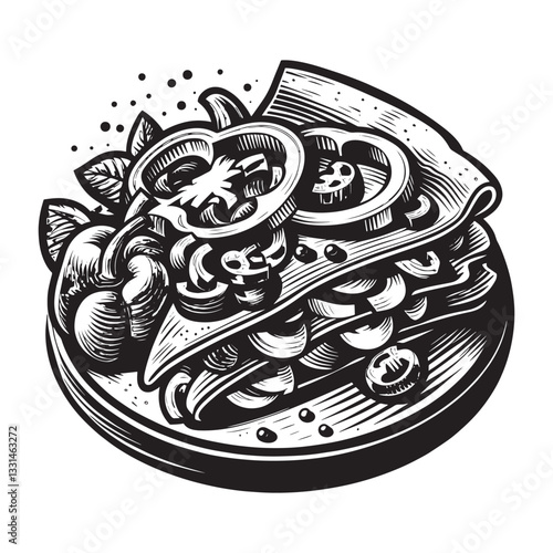 Stylized monochrome illustration of a vibrant fajita loaded with toppings